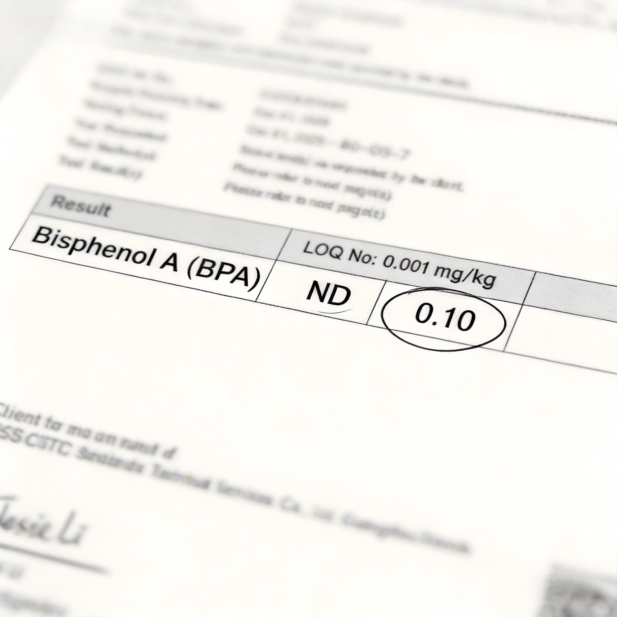 Lab testing report of BPA